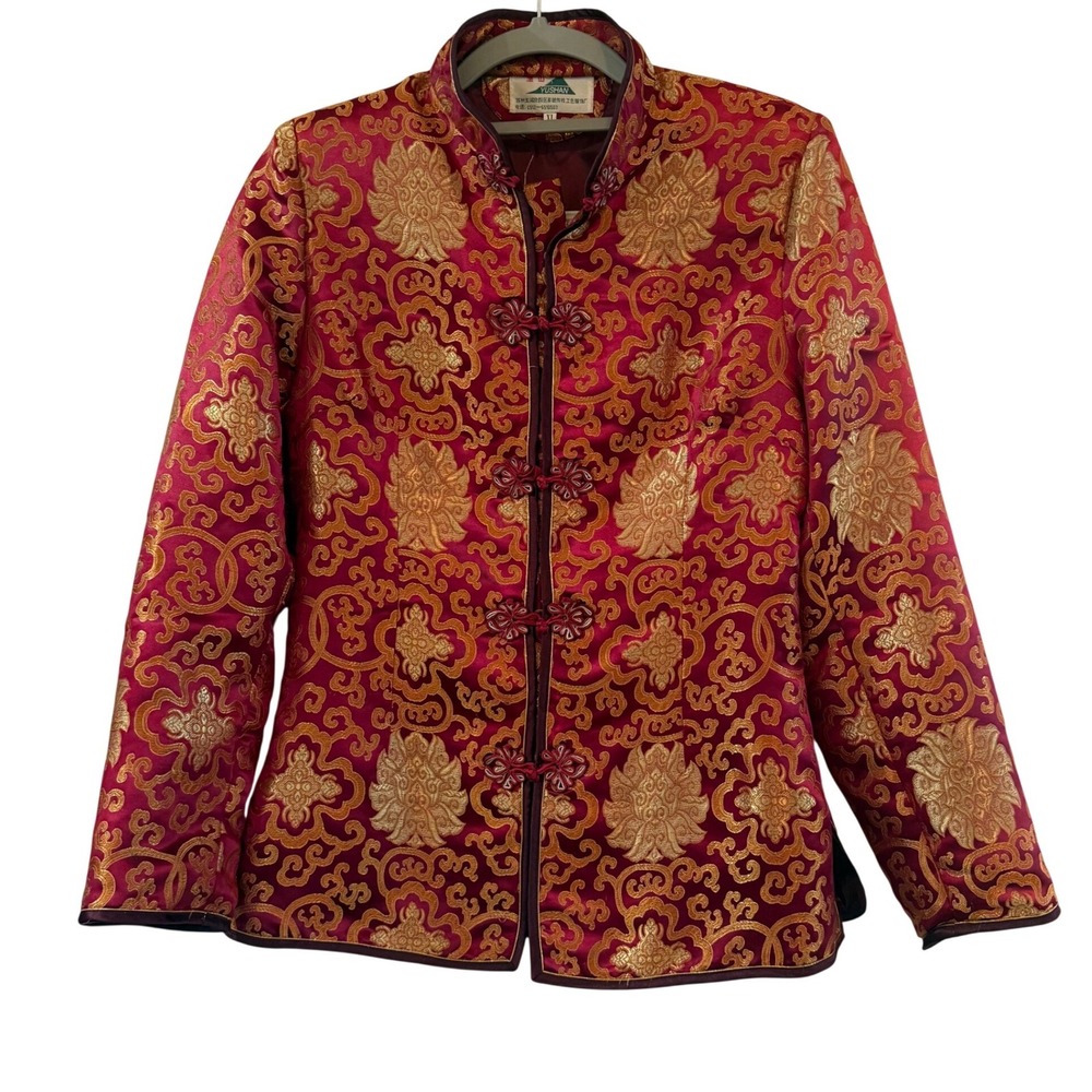 Vintage Chinese Brocade Jacket Yushan Red Frog Closure Mandarin Collar Lined